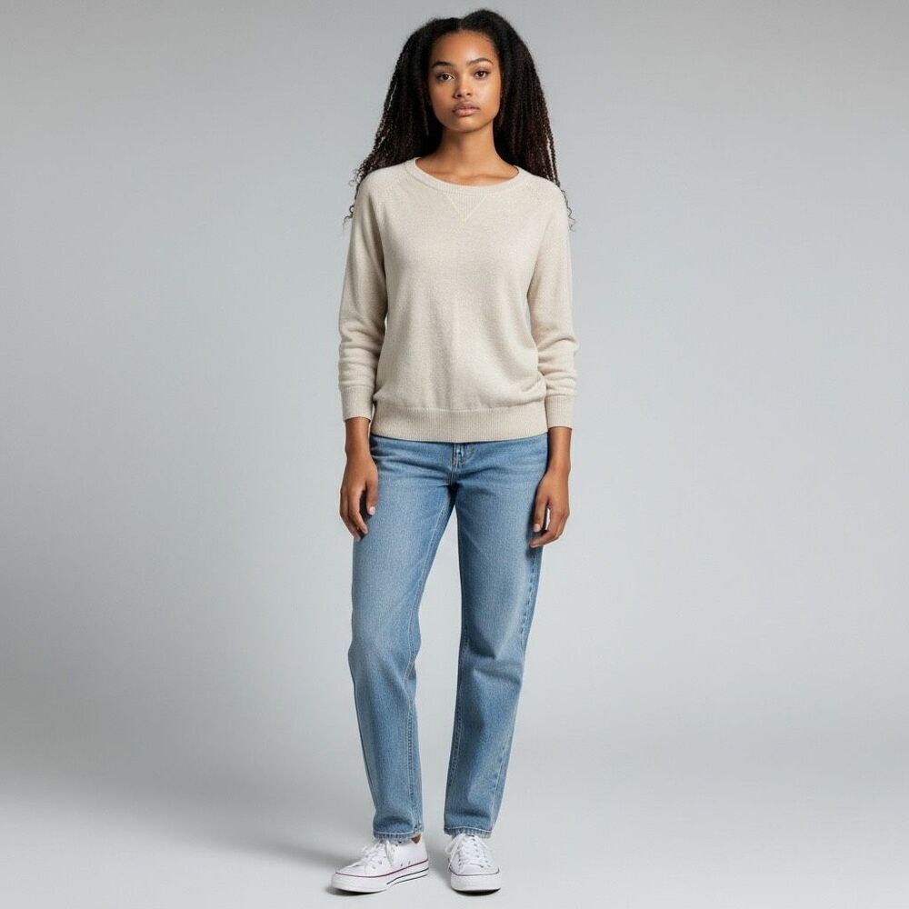 Jeanne Pierre Solid Beige Long Sleeve Round Neck Pull Over 100% Cotton Sweater L
